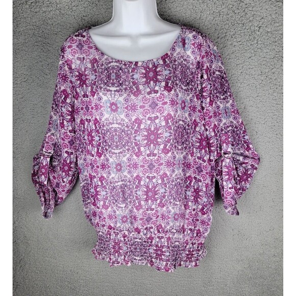 Fever Womens Blouse Top  Large Elastic Smocked Waist Tab Sleeves Sheer Floral - Picture 1 of 16